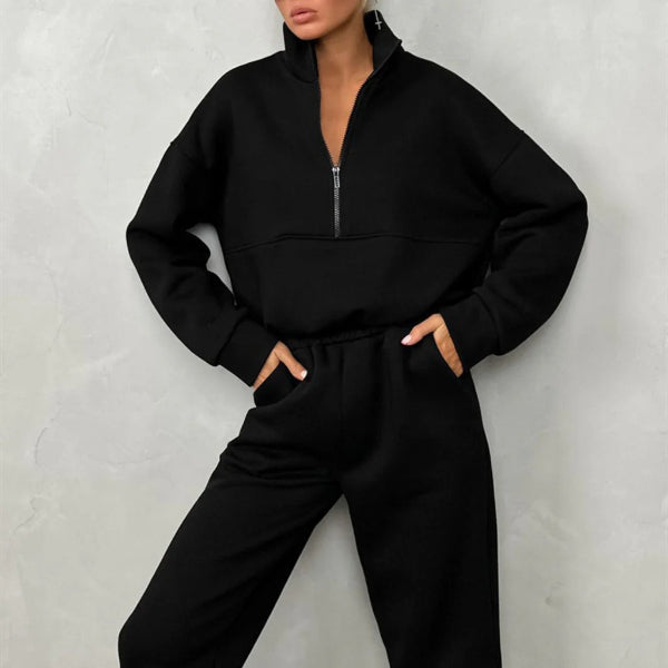 Women's gray two-piece sweat set relaxed fit high collar half-zip top elastic waist lounge outfit