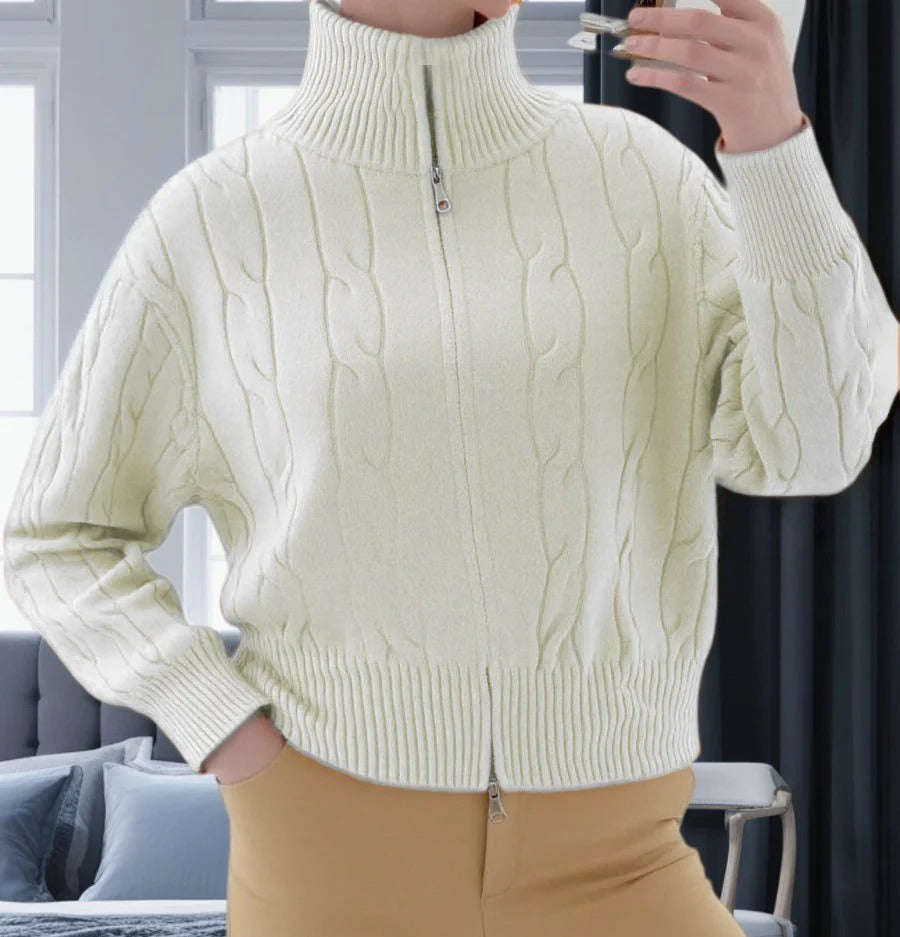 Women's cable knit pullover sweater relaxed fit high collar zipper cozy autumn winter warmth