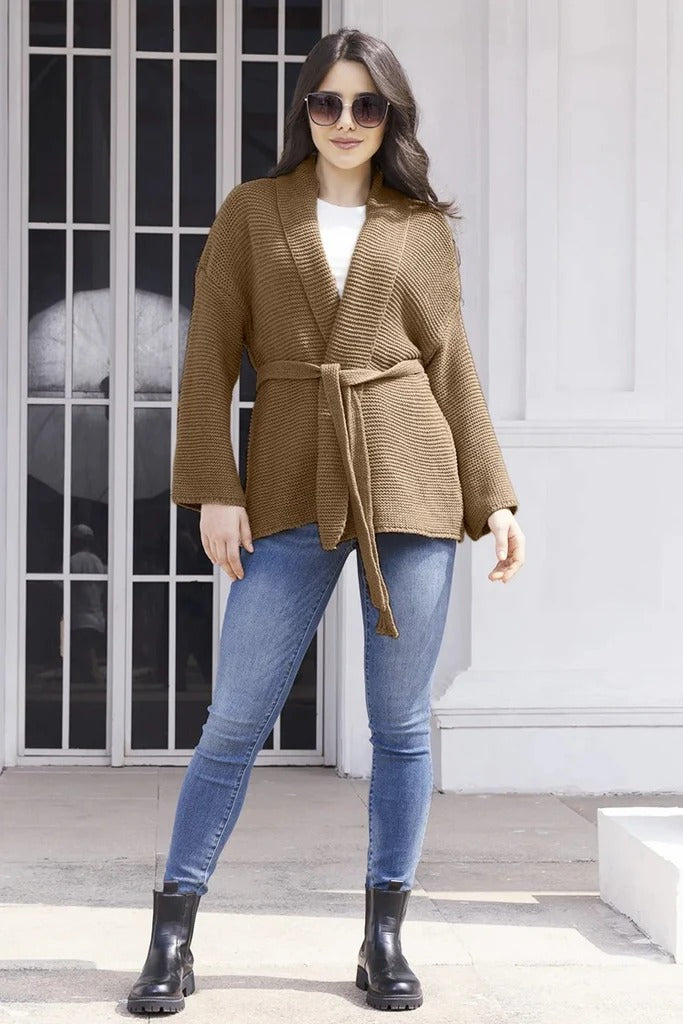 Women's ribbed knit cardigan shawl collar belted waist mid-length cozy style