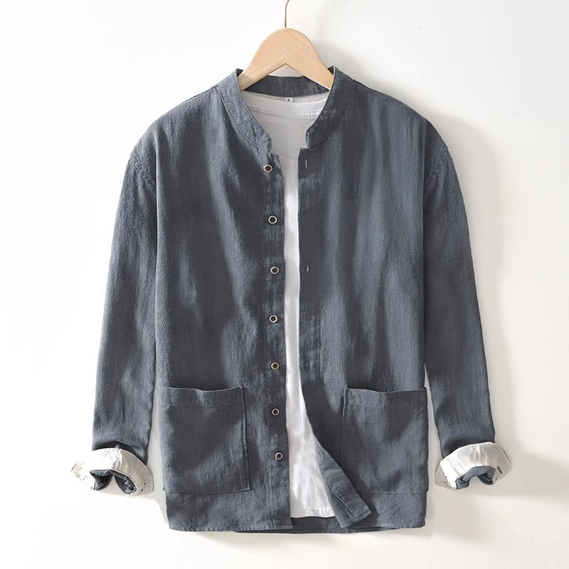 Unisex white textured relaxed-fit mandarin collar shirt with clean minimalist lines and premium everyday edge