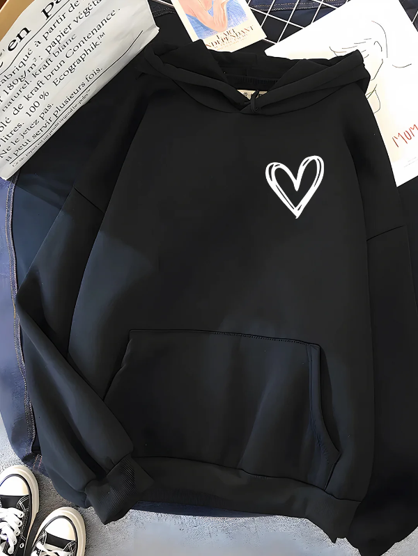 Women's relaxed fit cotton blend hoodie with heart print design and kangaroo pocket front
