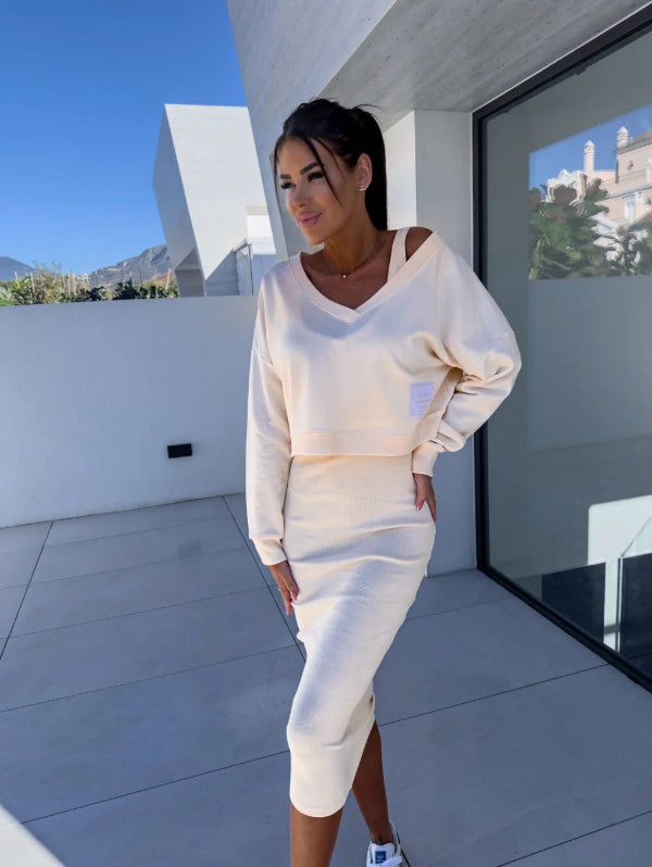Women's slim-fit midi sweatshirt dress set V-neck long sleeves versatile casual style