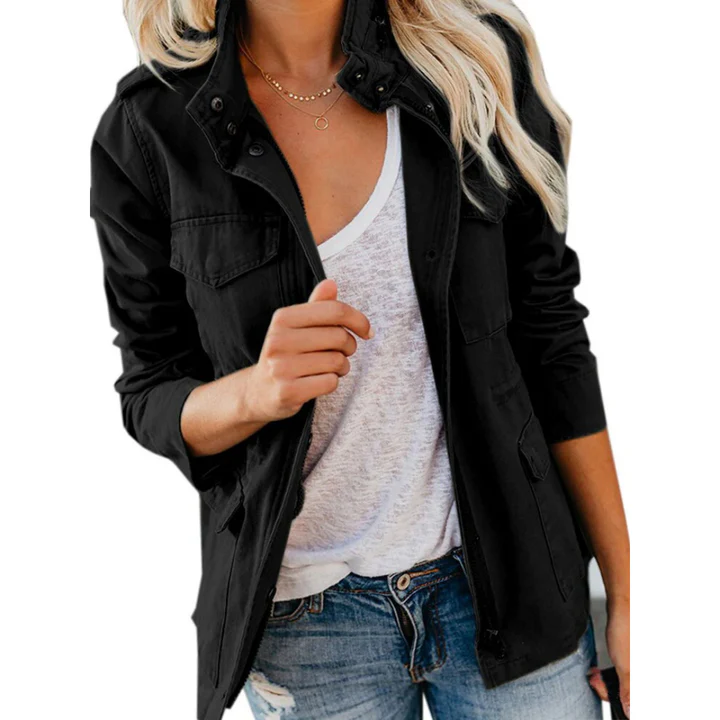 Women's relaxed fit utility jacket cotton blend zip front multi pocket casual everyday style