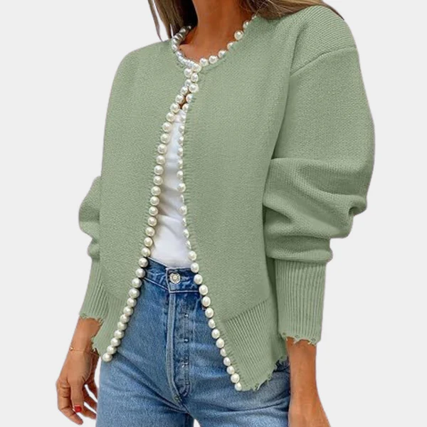 Women's relaxed fit soft knit cardigan with long sleeves and pearl button closure for modern style