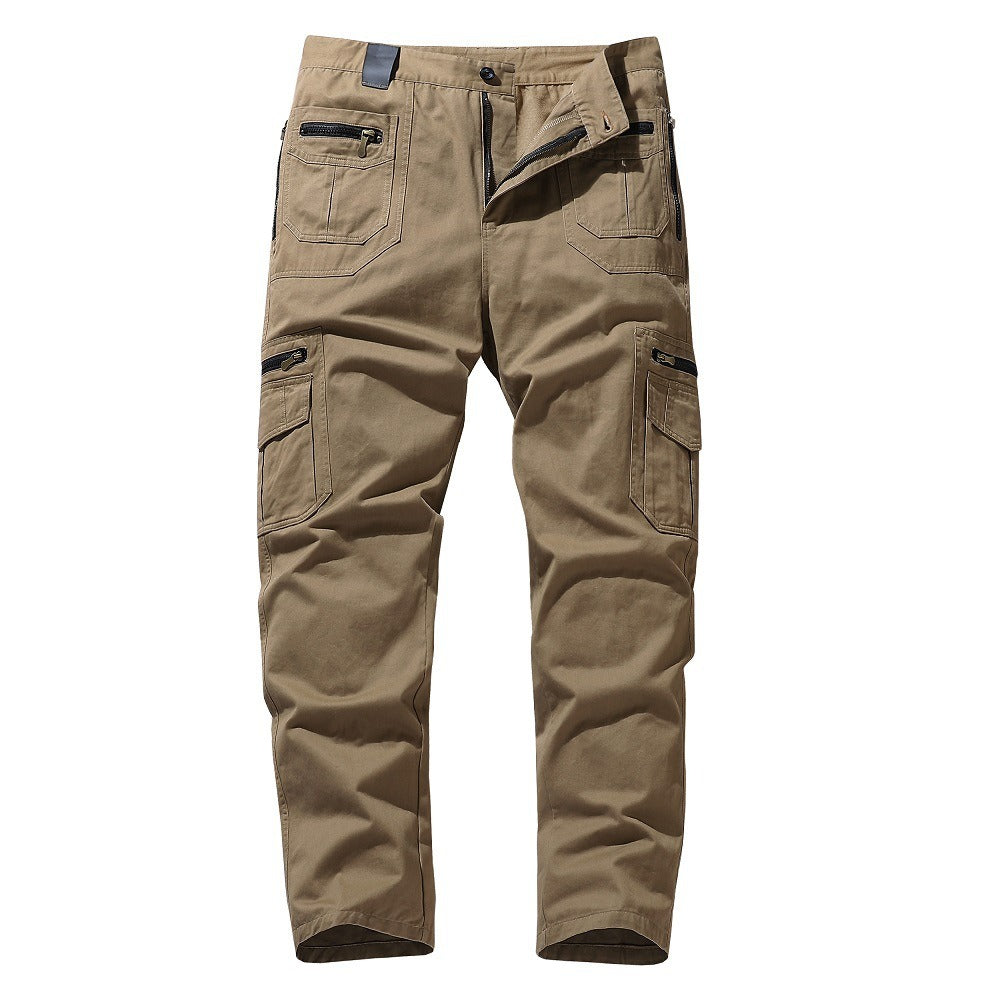 Men's loose fit straight leg khaki cargo pants with zipper pockets, cotton blend everyday comfort