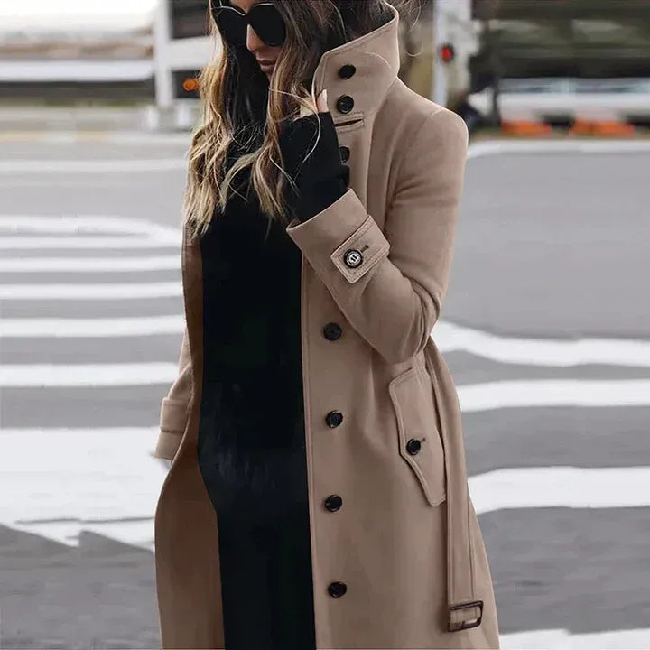 Women's wool-texture double-breasted trench coat tailored fit with adjustable waist belt, timeless elegance