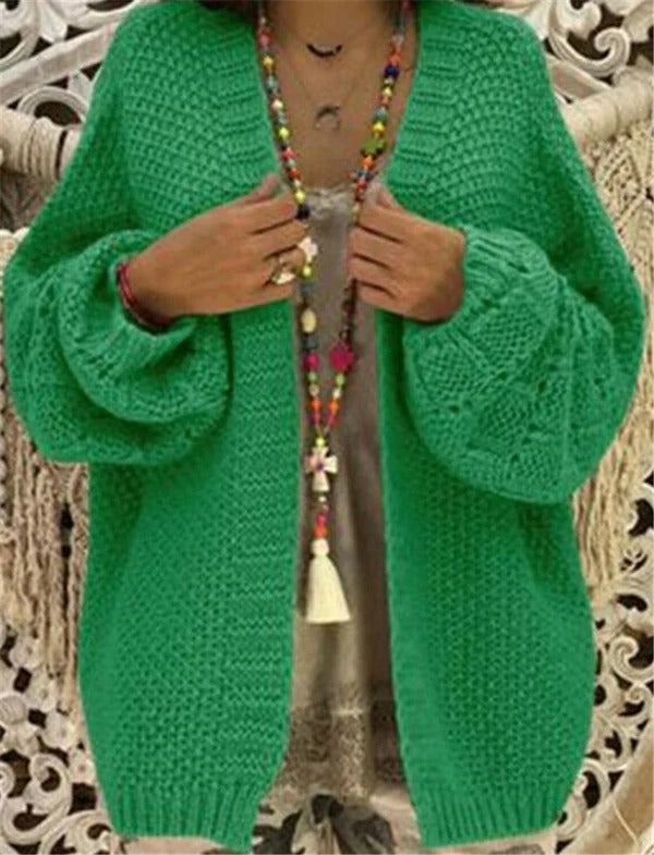 Women's oversized open-front chunky knit cardigan cozy layering piece with wide sleeves