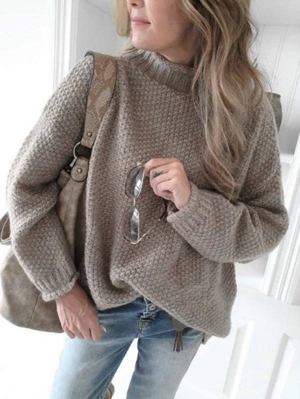 Women's relaxed fit high neck pullover sweater textured knit long sleeves cozy modern style