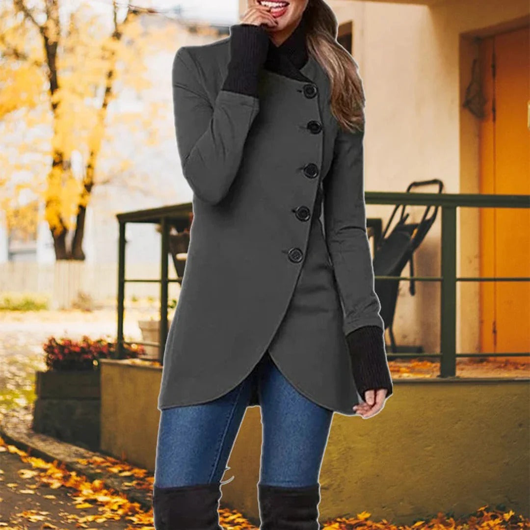 Women's black tailored asymmetrical button-up jacket high collar mid-thigh length diagonal closure