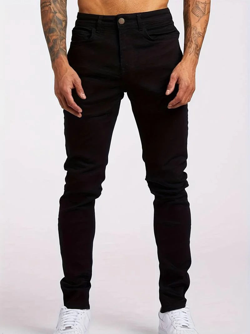 Men slim fit stretch denim jeans in classic blue with 5-pocket design and zipper fly