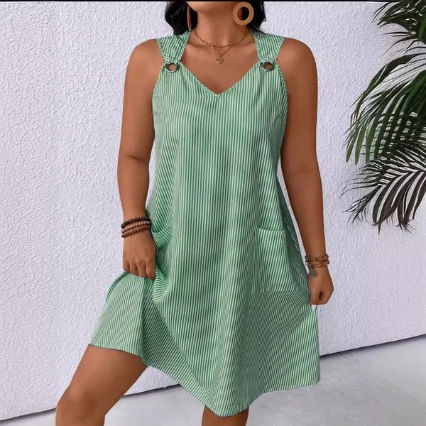 Women's striped A-line knee-length dress with V-neck and hidden pockets for everyday chic