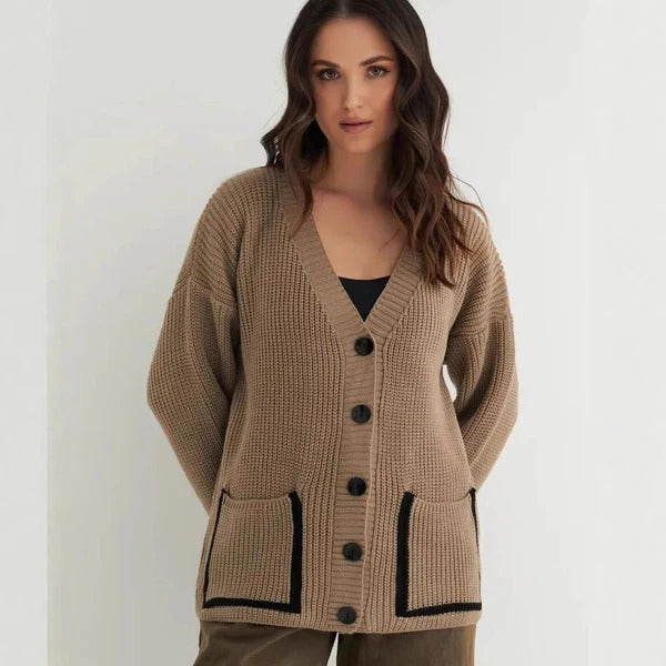 Women's relaxed fit rib knit V-neck cardigan with large pockets, versatile everyday layering piece