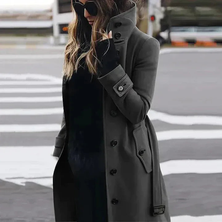 Women's camel wool-texture tailored trench coat double-breasted with adjustable waist belt