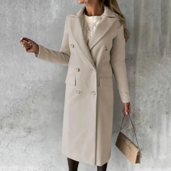Women's camel wool-texture double-breasted trench coat tailored fit knee-length elegant silhouette