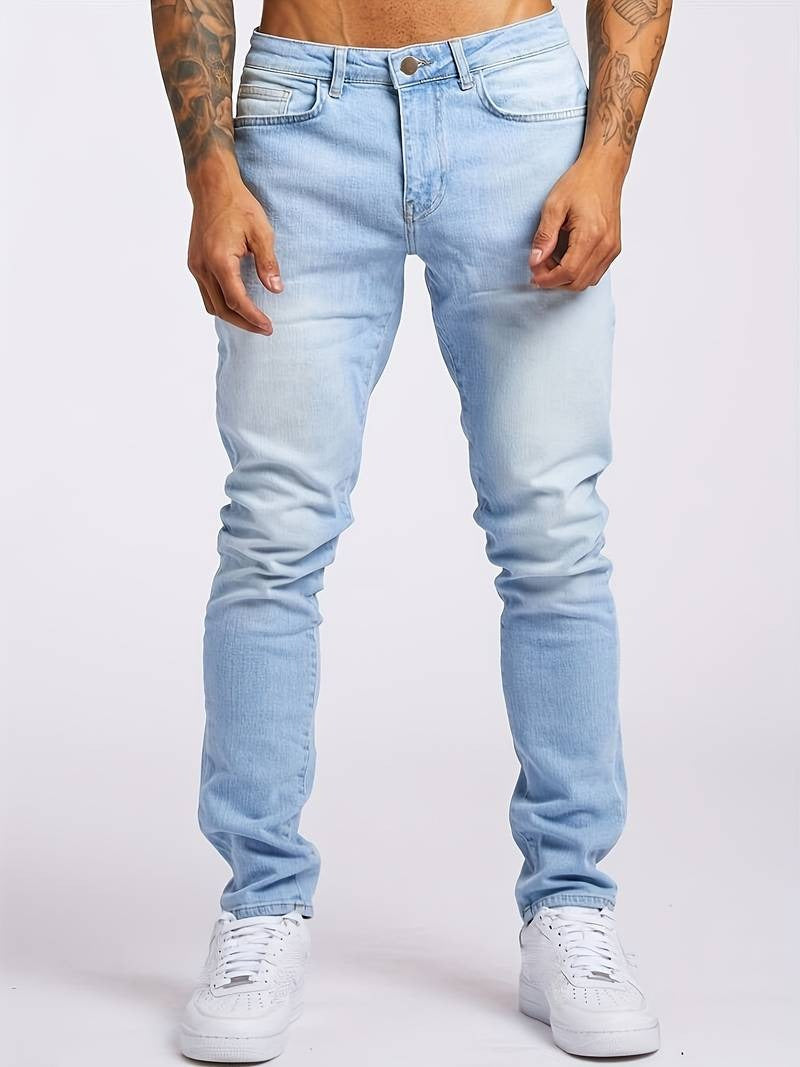 Men slim fit stretch denim jeans 5-pocket zipper fly everyday casual wear modern silhouette