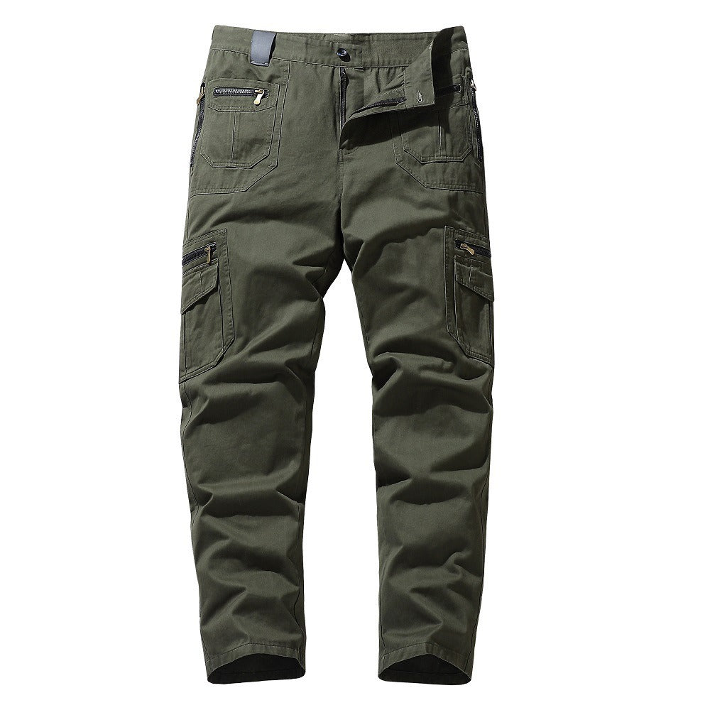Men's loose fit straight leg khaki cargo pants with zipper pockets, cotton blend everyday comfort