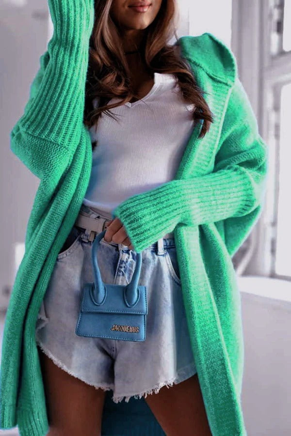 Women's oversized hooded knit cardigan open front ribbed edges cozy street-style layering piece