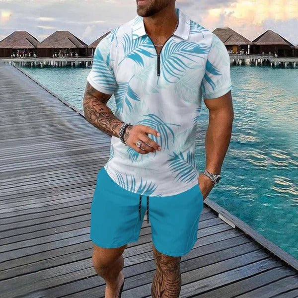 Men's slim fit polo shirt tropical pattern zip collar short sleeve breathable summer style