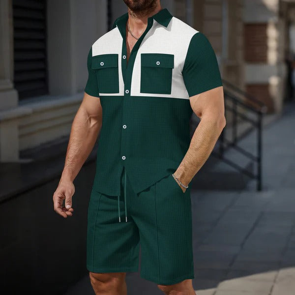 Men's blue breathable short-sleeve shirt and shorts set regular fit with contrast details