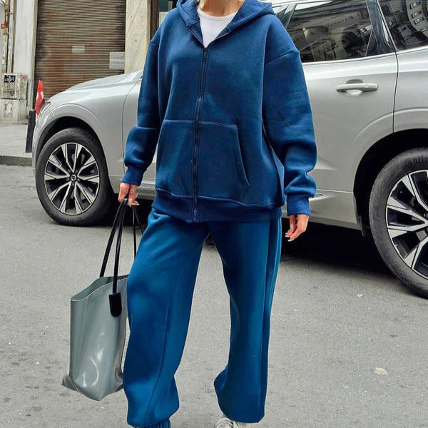 Women's oversized cotton hoodie lounge set with zip front drawstring hood in cozy relaxed fit