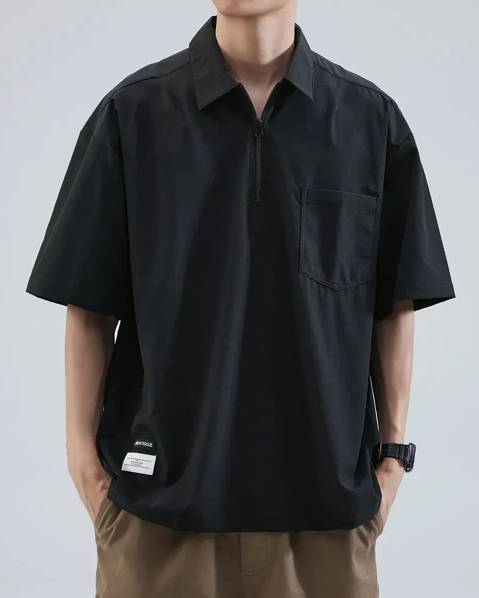 Oversized boxy ice silk polo shirt with zipper placket, lightweight cooling fabric for warm weather