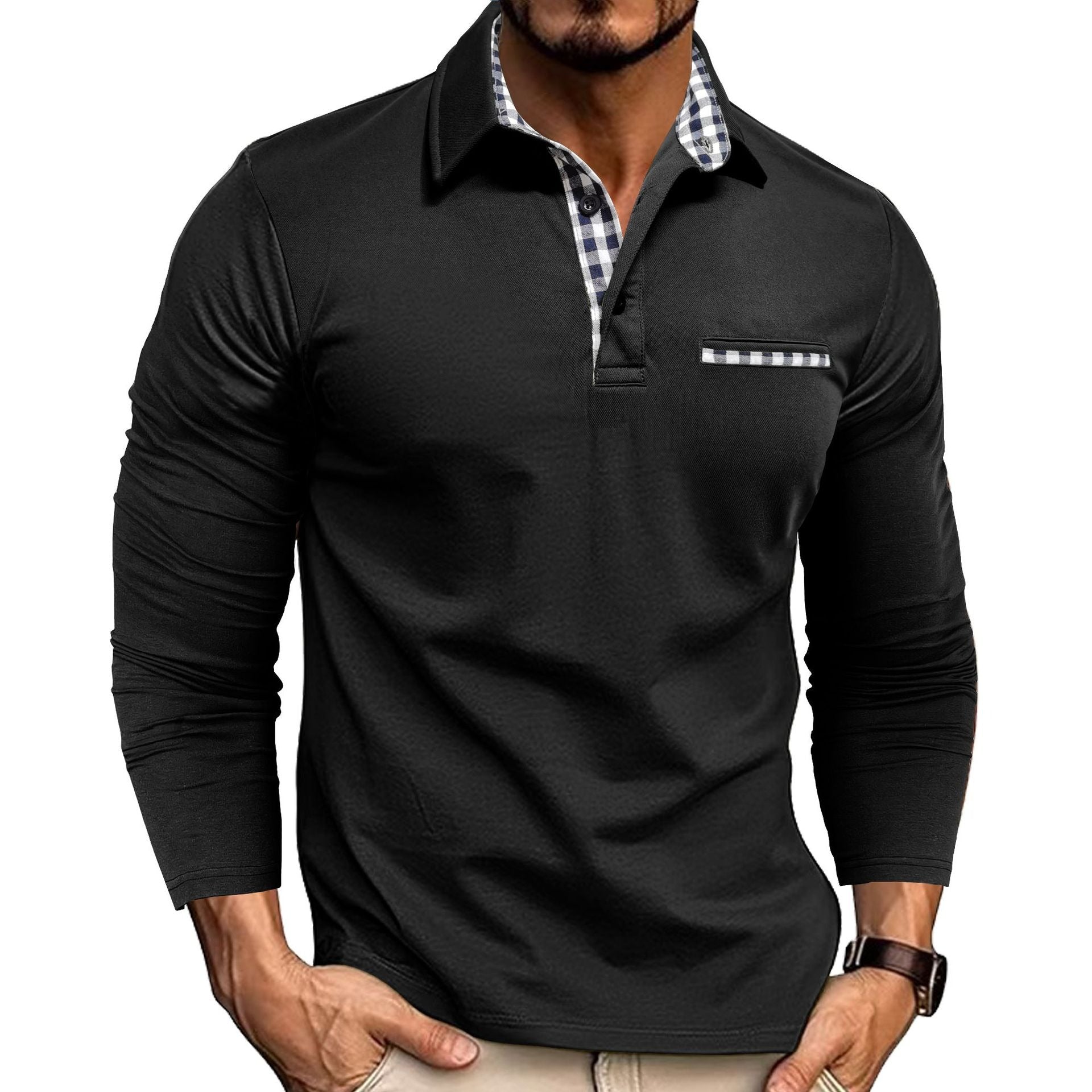 Men's slim-fit long sleeve polo shirt with elegant check collar detail for modern casual style