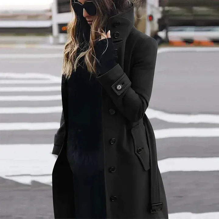Women's wool-texture double-breasted trench coat tailored fit with adjustable waist belt, timeless elegance