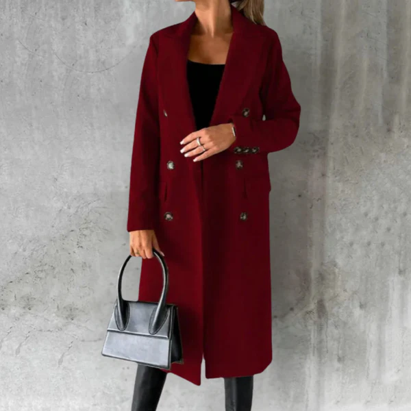 Women's camel wool-texture trench coat tailored fit double-breasted knee-length elegant silhouette