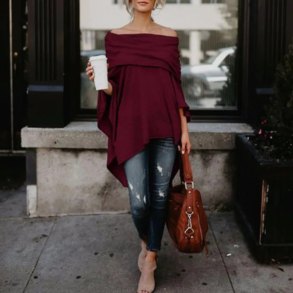Women's off-shoulder relaxed knit top with asymmetrical hem, casual chic everyday style