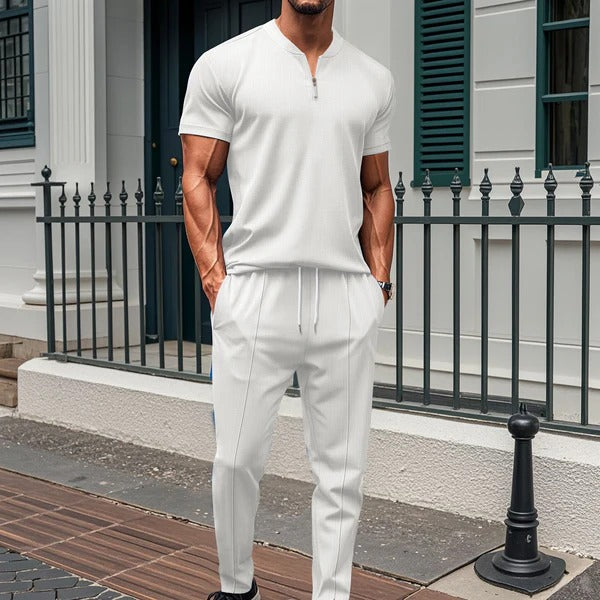 Men's slim fit gray training set zip top elastic waist pants gym workout two-piece