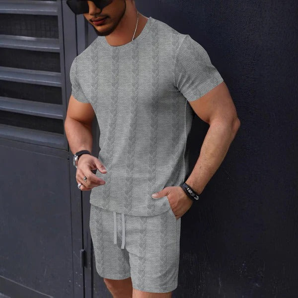 Men's textured knit t-shirt and shorts set, regular fit, round neck, drawstring waist, casual lounge