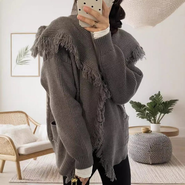 Women's oversized open-front knit cardigan with raw edges, long sleeves, relaxed cozy everyday fit