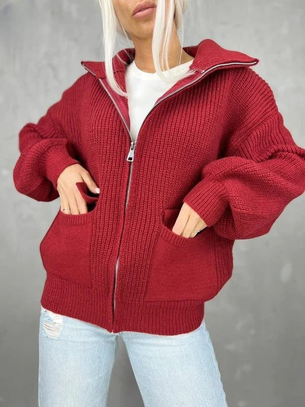 Women's relaxed fit ribbed knit jacket with zipper closure and pockets, casual everyday layering style