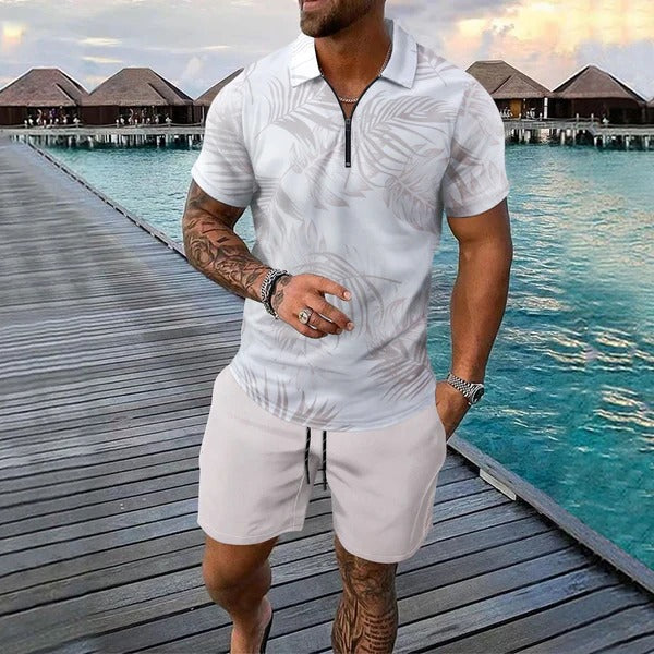 Men's slim fit polo shirt tropical pattern zip collar breathable short sleeve summer style