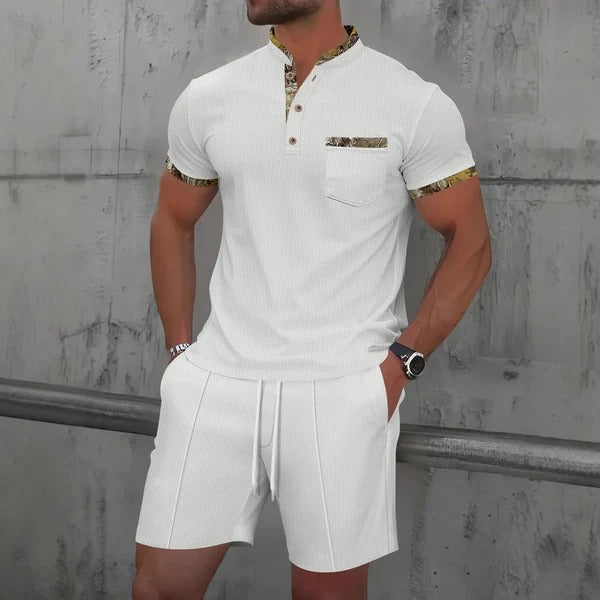 Men's slim fit mandarin collar shirt set with drawstring shorts, breathable soft fabric, casual style