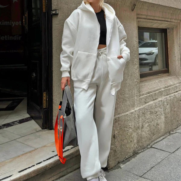 Women's oversized cotton hoodie lounge set with zip-front drawstring hood in cozy relaxed fit