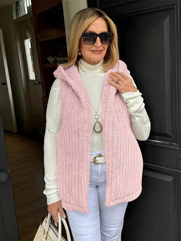 Women's fuzzy knit hooded vest sleeveless cozy acrylic blend relaxed silhouette layering essential