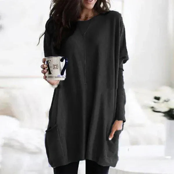 Women's oversized knit tunic pullover with dropped shoulders, side pockets, cozy everyday style