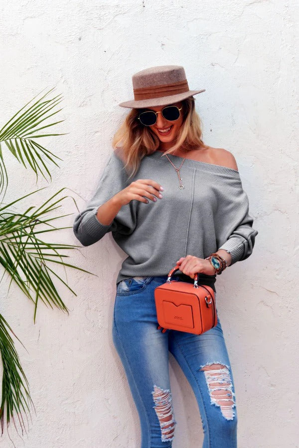 Women's oversized off-shoulder knit sweater wide sleeves soft wool-feel cozy chic layer