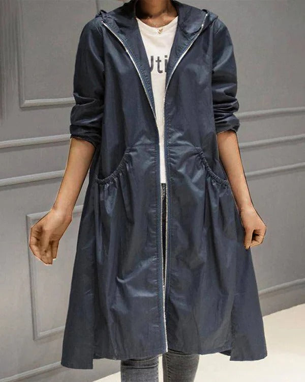 Women's water-repellent knee-length trench coat relaxed fit with hood for transitional weather