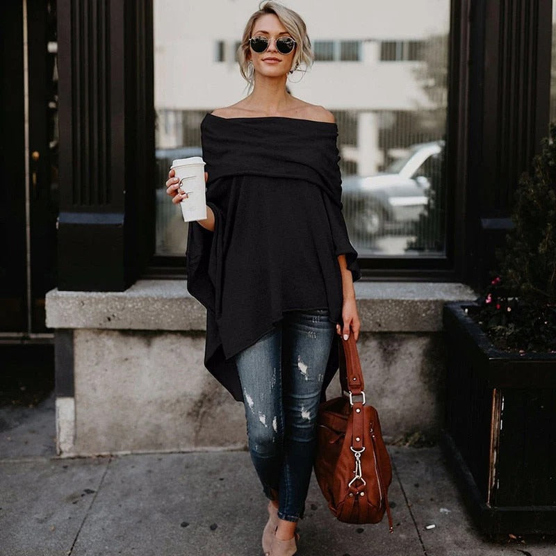 Women's off-shoulder relaxed knit top with asymmetrical hem, long sleeves, casual chic everyday style