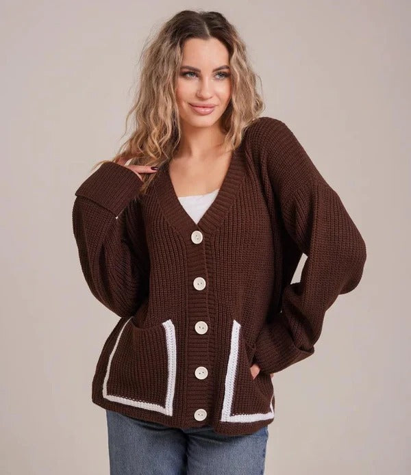 Women's relaxed fit rib knit V-neck cardigan with large pockets, versatile everyday style