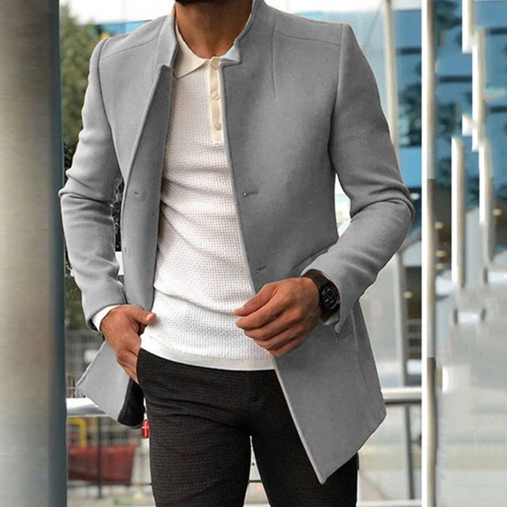Men's slim fit mid-length wool coat with mandarin collar in elegant autumn-winter style