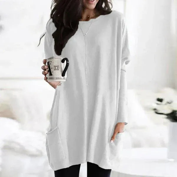 Women's oversized knit tunic pullover with dropped shoulders, side pockets, cozy everyday style