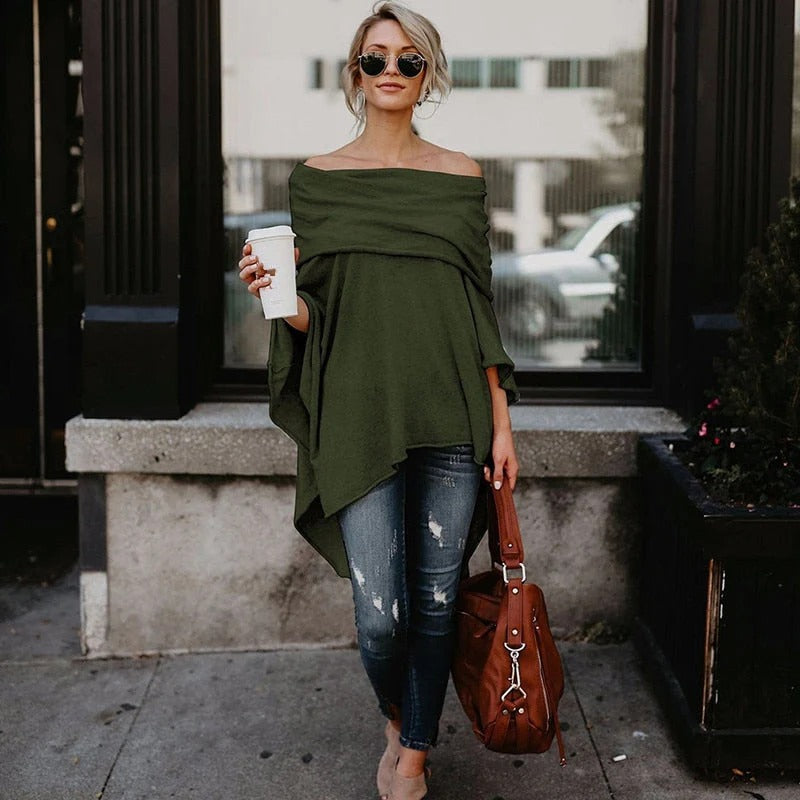 Women's off-shoulder knit top relaxed fit asymmetrical hem everyday chic long sleeve casual style