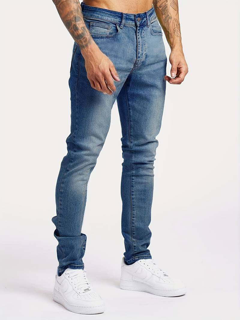 Men slim fit stretch denim jeans 5-pocket zipper fly everyday casual wear modern silhouette