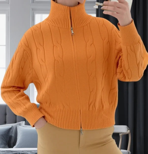 Women's cable knit pullover sweater relaxed fit high collar zipper cozy autumn winter warmth