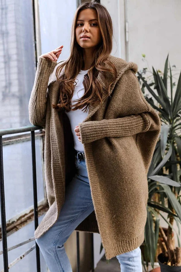 Women's oversized hooded knit cardigan open front ribbed edges cozy street-style layering piece