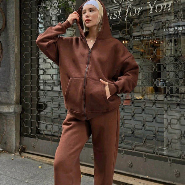 Women's oversized cotton hoodie lounge set with zip-front drawstring hood in cozy relaxed fit
