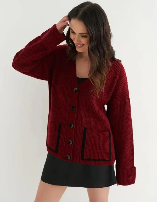 Women's relaxed fit rib knit V-neck cardigan with large pockets, versatile everyday layering piece